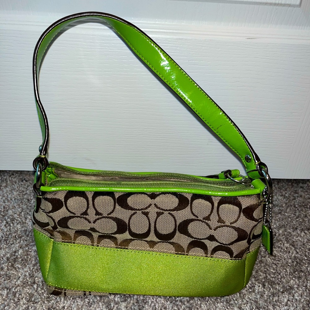 Coach small green and beige shoulder bag.